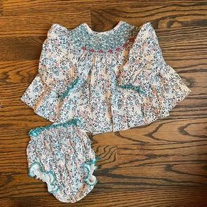 Luca and Luca Blue and Pink Floral Smocked Baby Set (6M)